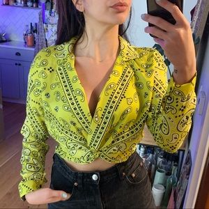 Zara Neon Yellowgreen Cropped Bandana Print Top-XS